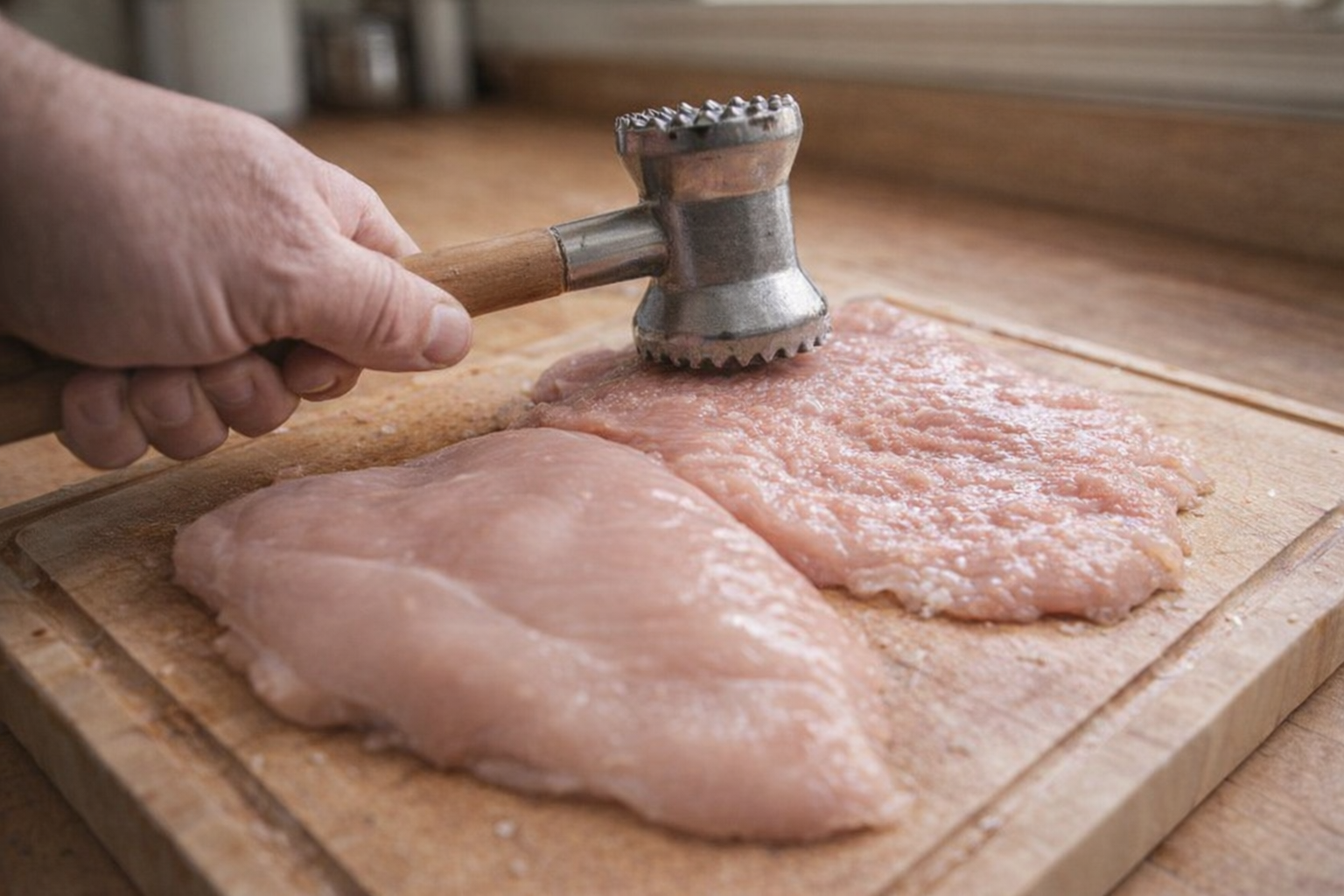 A close-up shot of raw chicken breasts being pounded with a meat mallet on a wooden cutting board, showcasing the flattening process.